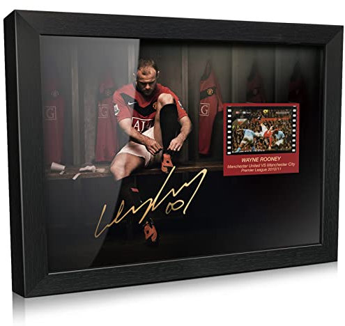 ORIMAMI Gerahmtes Poster mit Fußballstern, Wayne Rooney mit 1 x 35 mm Film, Mini-Zellen-Display, gedruckt, signiert, Geschenke für Wayne Rooney Fans – 20,3 x 15,2 cm