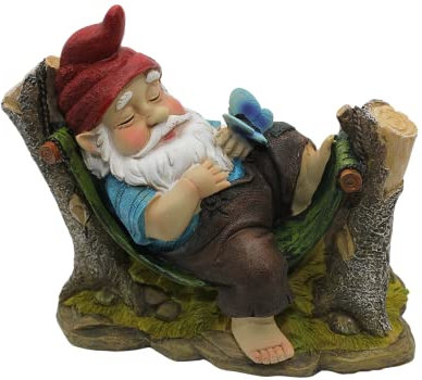 Gartenzwerg auf Hängematte, natürliche Farben, aus Polyresin, niedliche Deko für Garten, Terrasse oder Balkon, Größe: L/B/H ca. 10 x 22 x 18 cm