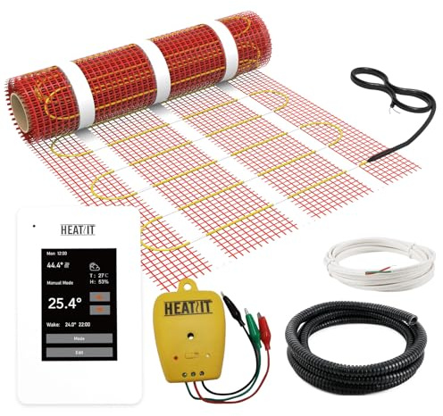 HEATIT Warmmat Système de chauffage au sol auto-adhésif électrique et thermostat ET-7A et moniteur d'alarme 50 m²