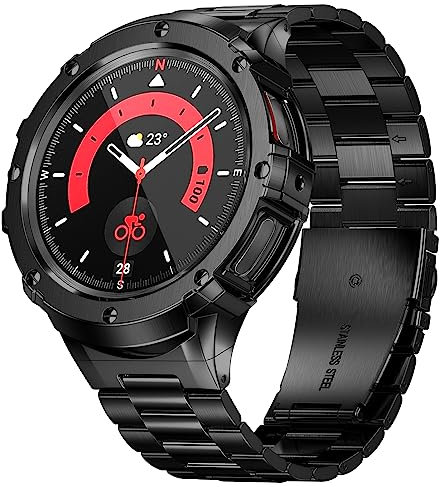 SUPLINK Metallgehäuse Mit Band Kompatibel Samsung Galaxy Watch 6/5/4 44mm, Solide Edelstahl Schutzhülle Armband für Männer (Schwarz)