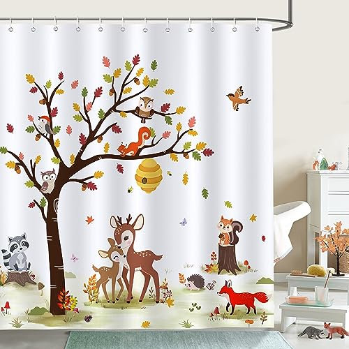 Bonhause Duschvorhang Herbst Waldtiere Baum Hirsch Fuchs Duschvorhänge für Kinder 180 x 180 cm Anti-Schimmel Wasserdicht Polyester Stoff Waschbar Bad Vorhäng für Badzimmer mit 12 Haken