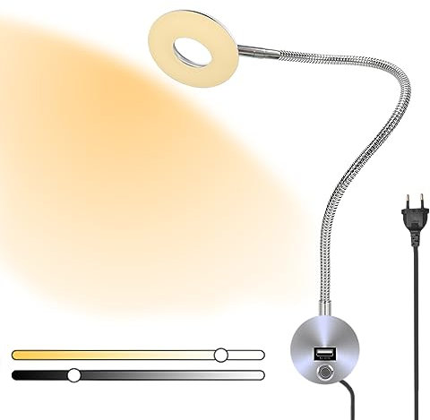 VOMI Leselampe Bett 5W LED Dimmbar Leselampe Wandmontage mit Touch Button und Stecker 360° Flexible Schwanenhals Wandleuchte mit USB-Ladeanschluss für Schlafzimmer