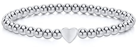 FLHEART Herz Armband Silber Damen Edelstahl - Freundschaftsarmband Silberarmband 5MM Kugelarmband, Elastische Silber Armbänder mit Herz Charm, Geburtstag Geschenke Schmuck für Frauen Mädchen Freundin