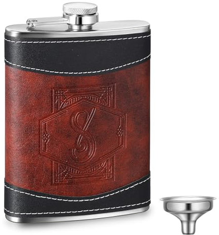 Baderke Leather 8 oz Flask for Men Groomsmen Gift, Black, Brown, Letter S