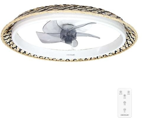 Cecotec - Ventilatori da Soffitto EnergySilence LampAero 610 Natural Design - Paralume in Vimini, 20 W, Lampada Inclusa, Telecomando, Timer Fino a 8 Ore, 3 Velocità, 5 Pale, Estate/Inverno