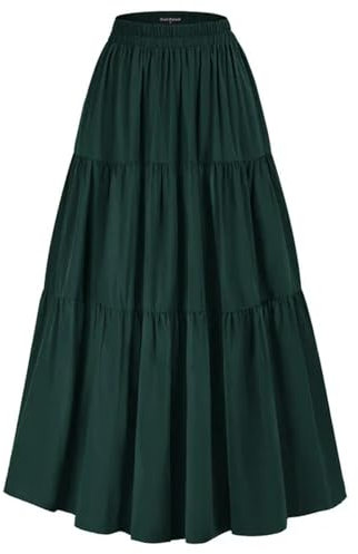 Generic Damen-Stufenrock, elastisch, hohe Taille, Swing-Rock, Vintage-Damenrock, unregelmäßiger Saum, Volants, Lange Röcke, Dunkelgrün, S