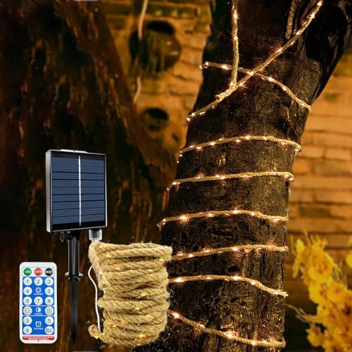 MEDOYOH 5M Solarseil Lichterkette mit 100 LEDs, Solar Hanfseil Lichterkette mit 8 Beleuchtungsmodi, Diming Adjust Timer Wasserdicht für Gartenterrasse Balkon Schaukel Stamm Dekor