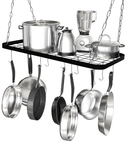 J JACKCUBE DESIGN Ceiling Pot Rack, 33 Inches Wall Hanging Mounted Pot Pan Hanger with 12 Hooks, Multi-Purpose Cookware Kitchen Utensils Organizer Storage Shelf - MK397C