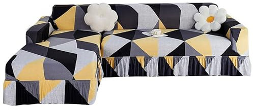 Sofaschoner Gelb Sofaüberwurf Weich Spandex Sofaschoner rutschfest Couch Überwurf Waschbare Sofa Überzug Sofabezug mit Elastischen Riemen Sofabezug L Form Pflegeleicht 4 Sitzer