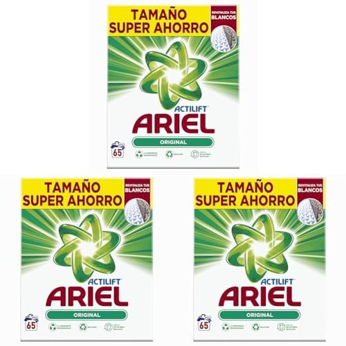 Ariel Detergente Lavadora en Polvo, 65 Lavados, Original, Jabon con Tecnologia Anti-Residuos que Deja la Ropa Limpia y Reluciente (Paquete de 3)