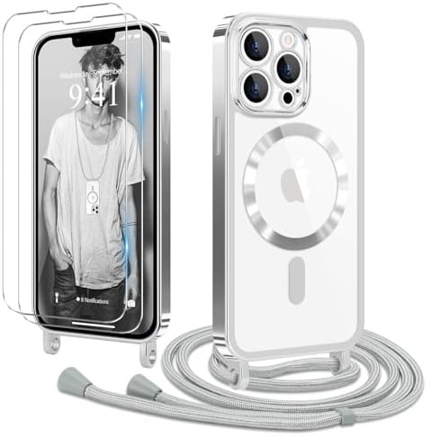 Ethanger für iPhone 12 Pro Max Hülle mit Band + 2 Schutzfolie, Silber | Handyband Transparent Silikon Handyhülle, Magnetische Schutzhülle Case zum Umhängen Kordel