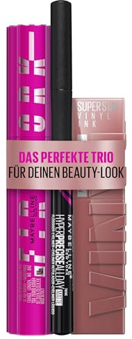 Bundle of Maybelline New York Lash Sensational Firework Mascara, Very Black, 10 ml, Super Stay Vinyl Ink, Nr. 35 Cheeky, 4,2 ml, Hyper Precise Allday Liner, Nr. 701 Matte Black