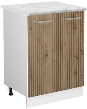 Vicco Küchenunterschrank R-Line, Artisan-Eiche, 60 cm | 2 Türen · Arbeitsplatte Marmor · Höhenverst. Füße · 1 Einlegeboden · ✓ Frei kombinierbar