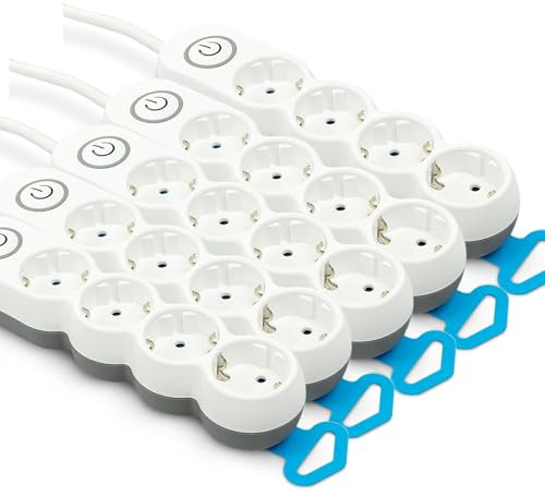 Garza - Pack de 5 Regletas de 4 enchufes con Interruptor y protección Infantil, Enchufe Plano, Cable de 1,4 Metros, Blanco, 600 ml