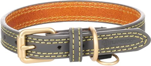 Flamingo Halsband für Hund Virginia grau XS/S 24-30cm 15mm - Mit einem Ring für ID-Anhänger - Genäht für extra Stärke