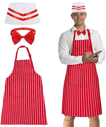 Vifcotlyp 3PCS Schürze Und Kochmütze Set, Koch Outfit Erwachsene Einstellbar Lätzchen Schürze Mit Taschen Rot Und Weiß Gestreift Halter Schürze Kochen Und Backen Schürze Für BBQ Küche Gartenarbeit