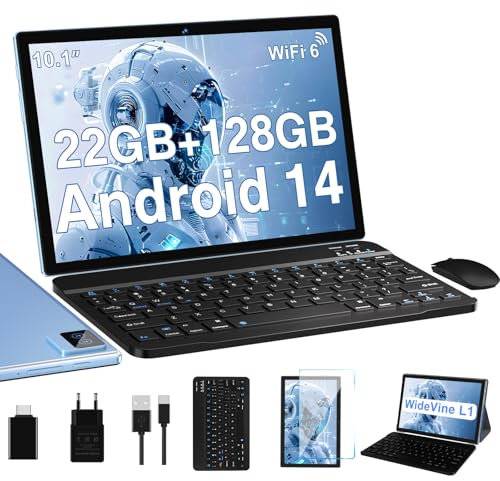 Tablette Android 14 Tablette 10 Pouces 22Go RAM + 128Go ROM(2To Extensible), Octa-Core, GMS Tablette Tactile, WiFi 6, 5G Wi-FI, Widevine L1, 8000mAh, GPS, Tablettes avec Clavier+Souris et Cas-Bleu