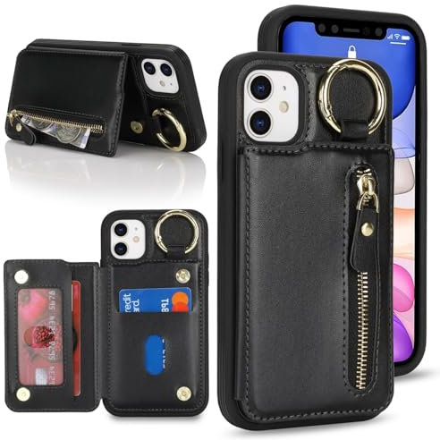 Zouzt for iPhone 11 6.1 Inch Wallet Case with Card Holder for Men Women, PU Leather Kickstand Credit Slots Case, Key Ring Zipper Shockproof Protective Phone Cover - Black