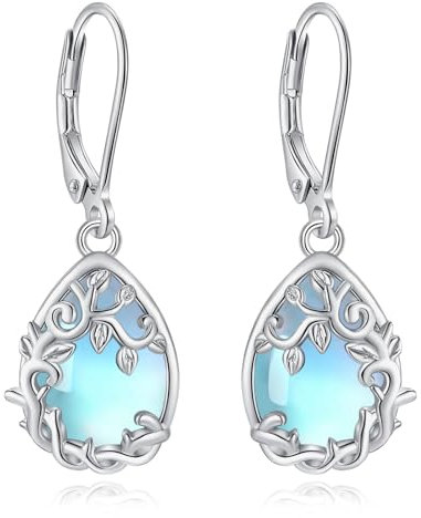 EUDORA Harmony Ball Pendientes Árbol de la Vida Piedra de Luna para Mujer Plata de Ley 925, Pendientes de Gota Lágrimas de Ángel Piedra de Luna Joyería Original Regalo para Mujer Mama Hija Madre