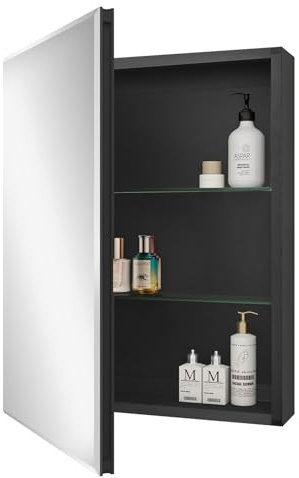 Fundin Bathroom Mirror Cabinet 50.8 x 66 CM Recessed or Surface Mount, Black Aluminum Bathroom Wall Cabinet with Mirror and Adjustable Shelves.