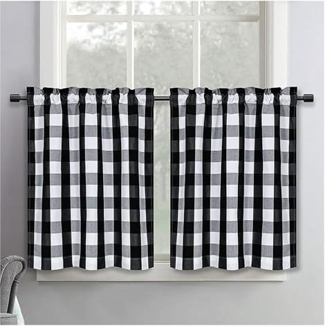 Tende oscuranti da cucina con asta, 2 pannelli, colore bianco e nero, adatte per casale, bar, cucina, tende da finestra sopra il lavandino