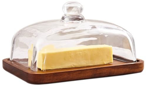 XTTAP Glass butter dish with lid, keep butter soft, Widened design. | for countertop and refrigerator. Suitable for butter of all sizes, easy to clean. Made of glass and Acacia wood.
