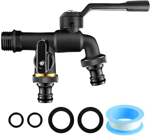 Wasserhahn Garten, Doppel Auslaufhahn 3/4 Zoll aus Messing, Garten Wasserhahn, Doppelwasserhahn mit 2X 3/4 Zoll Abgänge, Rost-und Frostsicher mit 2X Gratis Schlauchanschlüsse