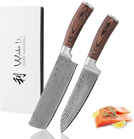 Wakoli Edib 2er Damastmesser Set – Santoku & Nakiri Messer mit VG10-Kern (17 / 17,5 cm), 67 Lagen Damaststahl, Pakkaholzgriff, in Geschenkbox – Entwickelt in Deutschland