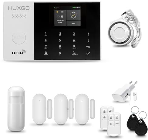 HUXGO® HXA005 Funk Alarmanlage Set WiFi + GSM 4G mit Sirene | Alarm System mit Bewegungsmelder, 3X Tür- Fenstersensor, Fernbedienung | Wohnmobil Alarmanlage | Alexa Google Home