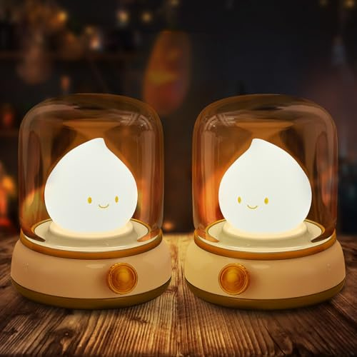 VoMii 2 Stück Niedliches Nachtlicht mit Timer, Kabellose Nachttischlampe, Kleine Tischlampe, Campinglampe, 2 Modi, Dimmbar, Warmes Nachtlampe, Wiederaufladbares Batterie-Nachtlicht für Kinder,Retro