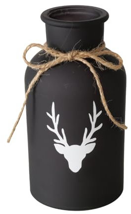 Boltze Vase Vilbert, 20cm, Schwarz mit Hirschmotiv, Rustikale Deko-Vase mit Juteschnur