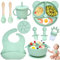 Dazhtu 12 Piezas Vajilla Bebe Silicona, Vajilla de Silicona para Bebés con Ventosa, Plato Bebe Ventosa Platos bebe impermeable, Cubiertos Bebe, Vajilla de aprendizaje para comer destete(Verde)