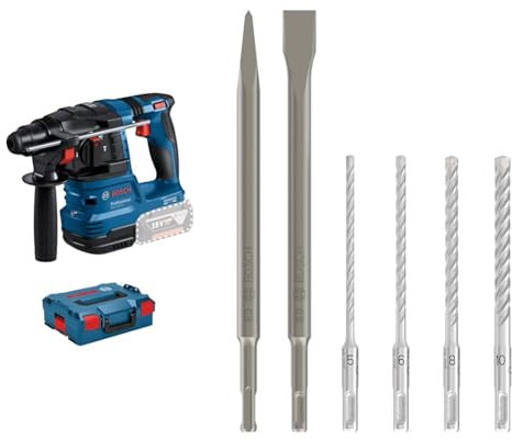 Bosch Professional 18V System Akku Bohrhammer GBH 18V-22 (zum Bohren von 6- bis 10-mm-Löchern, inkl. L-BOXX, ohne Akku/Ladegerät) + 6x PRO SDS plus-4C Meißel- und Bohrer-Set (für Beton, Ziegelstein)