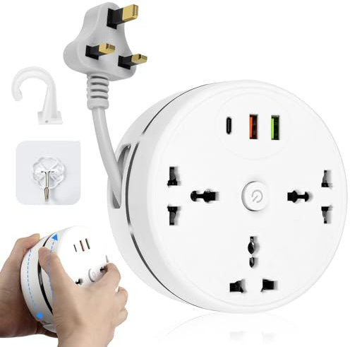 Universal Power Strip, 2.8M Extension Lead with 3 Socket and 2 USB Slots, 2500W 10A, Plug Extension Socket With 1 Pd and 2 USB Ports Rollable Retractable Power Socket Plug Extension for Home Office