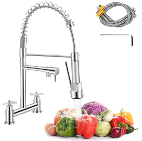 Gxpjycfob Kitchen Taps Mixer, Sink Mixer Taps 2 Hole Dual Lever, 360° Swivel Brass Faucet with 2 Spray Modes, Corrosion-Resistant Ceramic Valve, Easy Install 2-Hole Deck Mounted (UK 180mm Centre)(02)