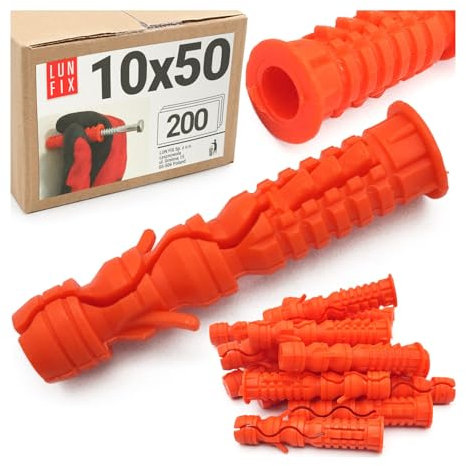 Lot de 200 chevilles universelles 10 x 50 mm - Chevilles à expansion en nylon pour béton, plaques de plâtre, murs creux et cloisons sèches - Chevilles à longue tige - Diamètre 10 mm Lun Fix