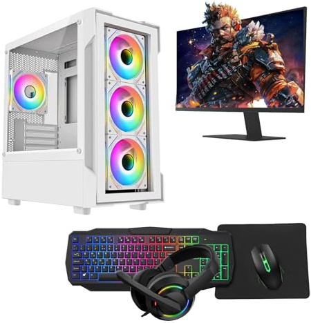 Neo White Gaming PC – Intel Core i5, GT710 2GB Graphics, 16GB RAM, 1TB HDD + 128GB SSD, Windows 11 Pro, 22 Monitor, Keyboard, Mouse, Headset – High-Performance Gaming PC Bundle