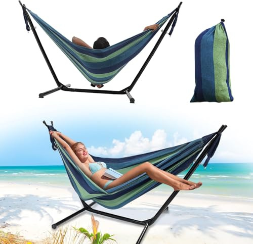 Hammock with Stand for Outside, Stable Space Saving Metal Stand 2 Person 600lbs Weight Capacity Hammock with Carrying Bag for Indoor & Outdoor, Blue
