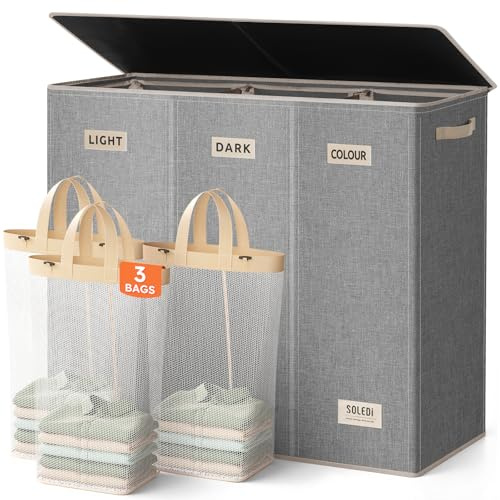 SOLEDI 200L Wäschekorb, Wäschesammler 3 fächer mit Deckel und 3 Wäschesack - Wäschesortierer Groß XXXL Für Badezimmer, Schlafzimmer, Wäschekammer, Kinderzimmer