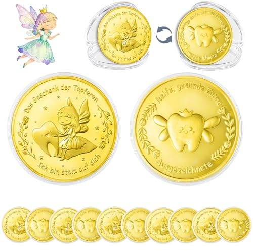 Zahnfee Geschenke, Glücksstein, Zahnfee Münze 10 Stück, Zahnfeen Goldtaler, Zahnfeen Taler Goldmünze, Verlorenen Zahn Kinder Geschenke Souvenir, für den ersten Zahnverlust und besondere Erinnerungen