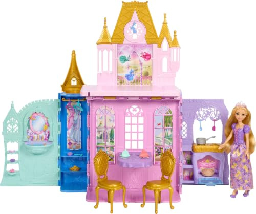 Mattel Disney Princess Tragbares Schloss-Spielset und Rapunzel-Puppe | Bewegliche Modepuppe und faltbares Puppenhaus mit 5 Spielbereichen, Möbeln, Zubehör und Stauraum, JLK27
