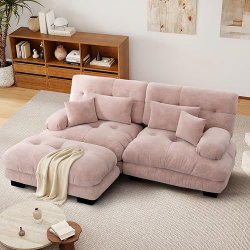SoarFlash Canapé modulaire 2 Places Salon Moderne - Chenille, Bois Massif, reposes-Bras, 1 Repose-Pied, Rose Clair, 145×220cm