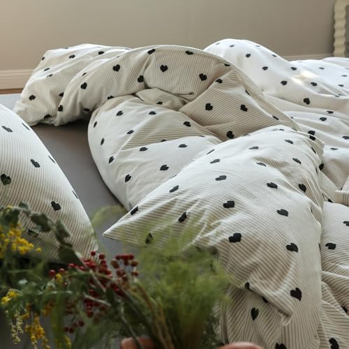 Freyamy Herz Bettwäsche 155x220 Herzen Weiß Schwarz Gestreift BettwäscheSet | Aesthetic Wendebettwäsche, 2teilig Bettwäsche-Sets, Microfaser ÖKO-TEX Bettbezug mit Reißverschluss und 1 Kissenbezug 80x80cm