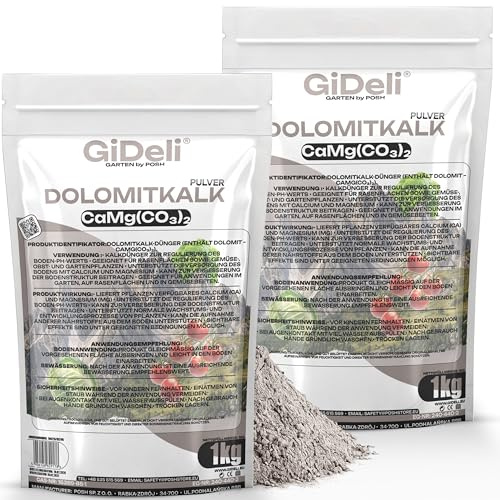 GiDeli Dolomitkalk 2 x 1 kg - Rasenkalk & Gartenkalk - Calcium Magnesium | Handliche Menge für Beete und Kübel, hebt den pH-Wert, feines trockenes Pulver, für Rasen und Gemüse