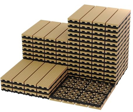 27-Pack Plastic Interlocking Deck Tiles, Outdoor Patio Flooring, 12x12 Interlocking Decking Tile Outdoor All Weather Use, Waterproof Patio Pavers for Pool Balcony Backyard Porch (Teak, 27 Sq ft)