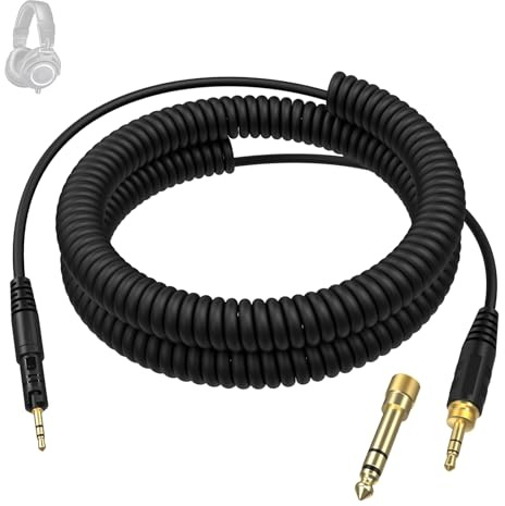 M50x Replacement Coiled Headphone Cable for Audio-Technica ATH-M40x M60x M70x Headphones, 2.5mm Locking to 3.5mm with Screw-On 6.35mm/1/4 Gold Plated Adapter, Extends up to 4.5m/14ft
