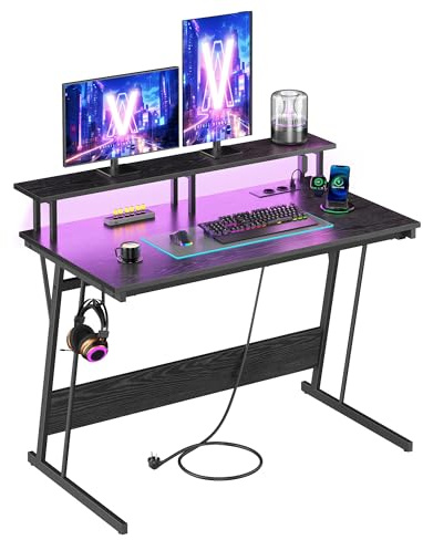 VASAGLE Scrivania da Gaming con Luci LED e Prese di Corrente LWD191B56V2 | Scrivania da Computer, Supporto per Monitor, 100 x 55 x 90 cm, Ufficio, Nero Ebano e Nero Opaco, Collezione BLOSS LWD191B56