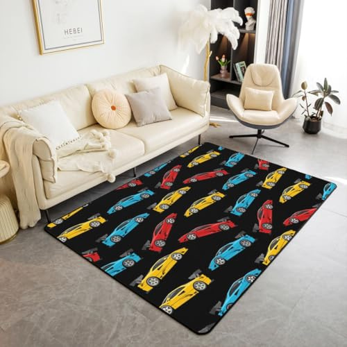 richhome Blau Race Auto Teppich 150x200cm Gelb Geschwindigkeit Sportwagen Modern Teppich Fahrzeug Wohnzimmerteppich Küchenteppich Weich Waschbar