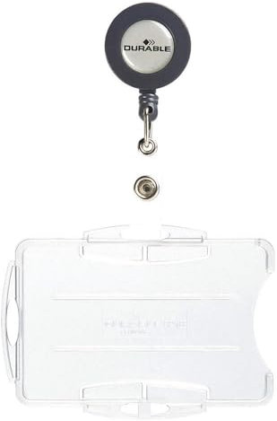 Durable 821919 - Portabadge rigido fronte aperto con chiocciola yo-yo, 2 tessere, lunghezza filo 80 cm, 54x87 mm, trasparente, confezione da 10 pezzi