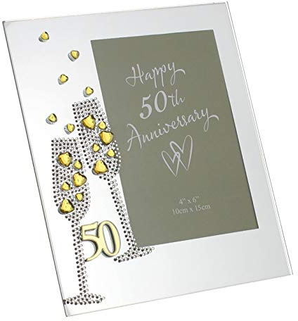Diamante Champagne Glasses Golden 50th Wedding Anniversary Glass Photo Frame 4 x 6 WG45450